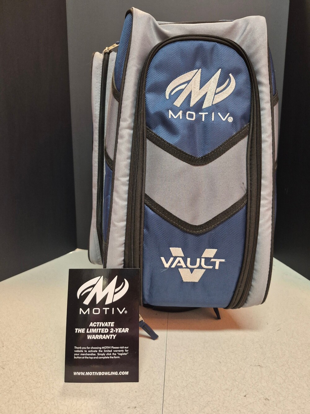 Motiv Vault 3 Ball Bowling Bag Blue and Gray Polyester Carry Roller